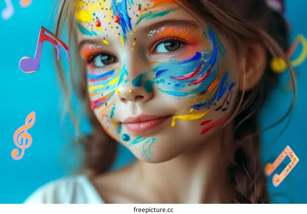 Colorful face paint design of musical notes on a young girl's face