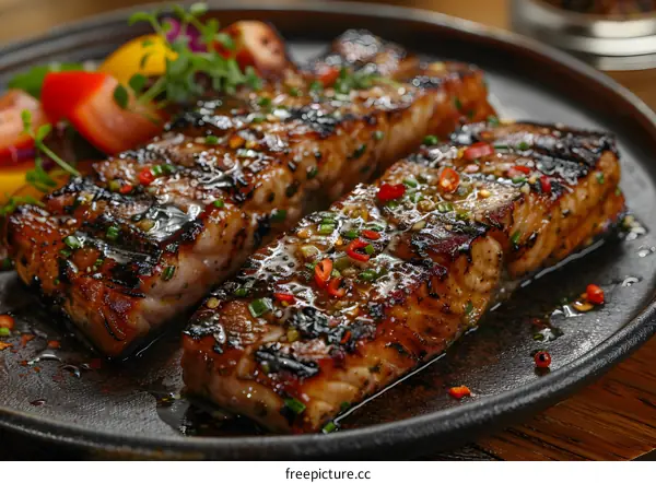 Grilled salmon fillets with vegetables on a plate
