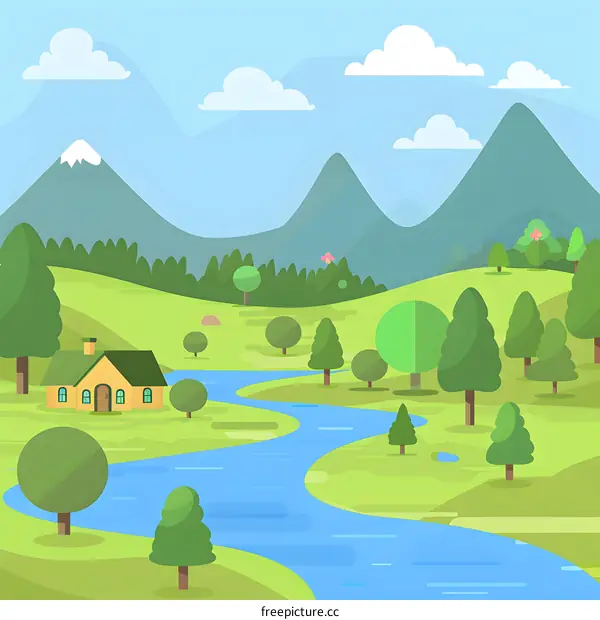 Green Meadow Landscape with Winding River and House