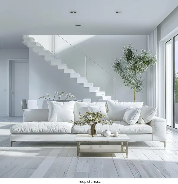 Bright white interior of a modern house with a living room and staircase