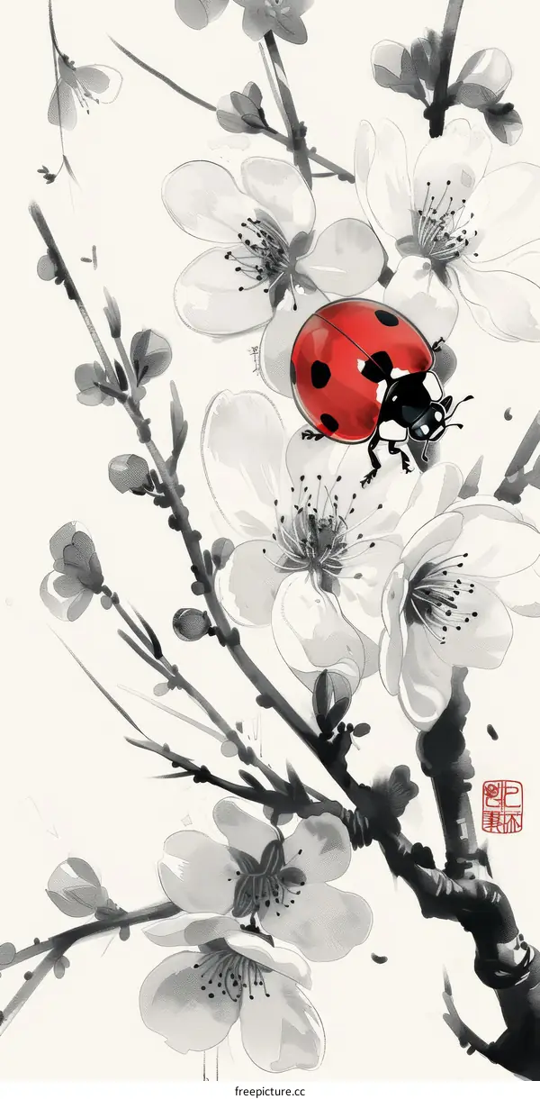 Red Ladybug on a Branch of White Cherry Blossoms