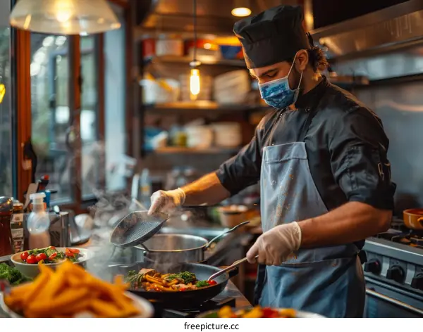 Chef wearing a mask and gloves cooking in a restaurant kitchen