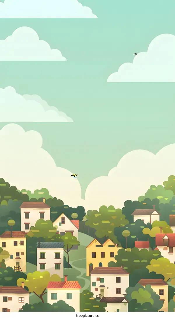 Cute Illustration of a Small Village with Green Trees and White Clouds