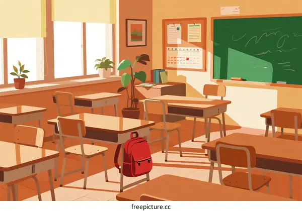 An empty classroom with desks, chairs, and a blackboard