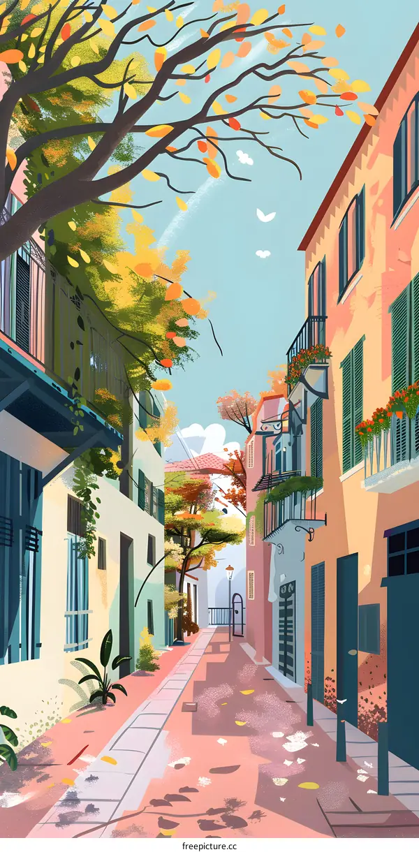 Colorful Buildings and Trees in a Narrow Street