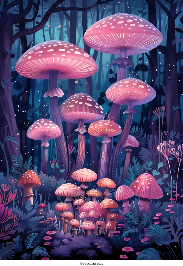 Magical Forest with Pink and White Mushrooms