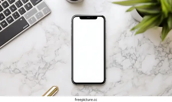 White Marble Background with Smartphone and Keyboard