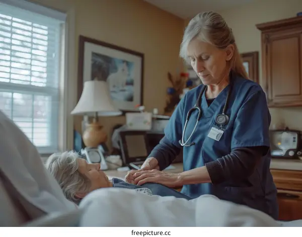 A healthcare worker checking on a patient in a hospital bed