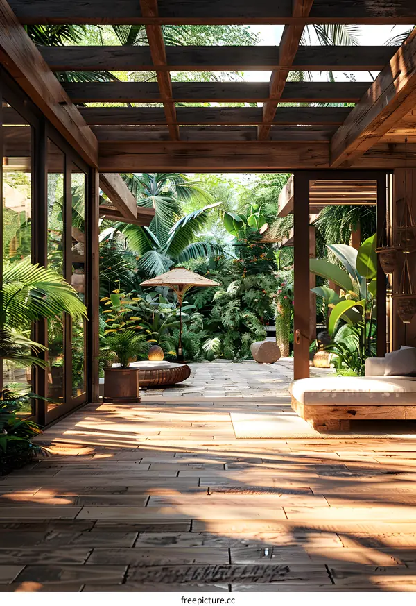 Tropical patio with pergola and lush greenery