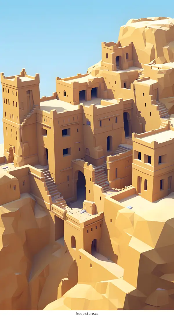 Low Poly Illustration of a Desert City Built on a Cliff
