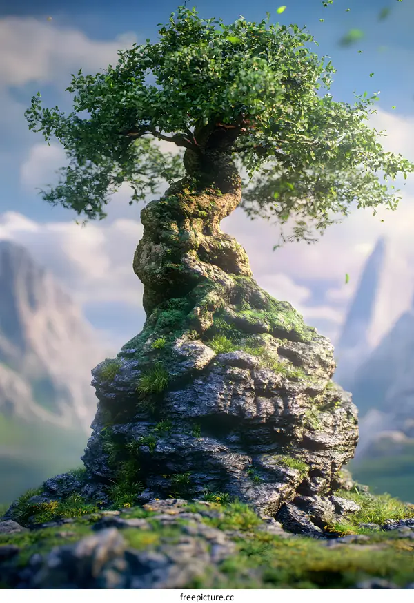 Lonely Tree on a Mountaintop with Green Grass