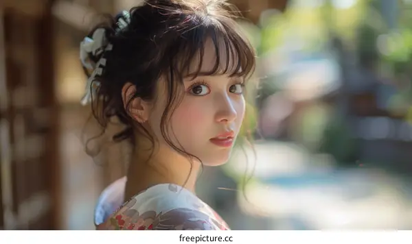 Beautiful Asian Woman in Traditional Japanese Dress