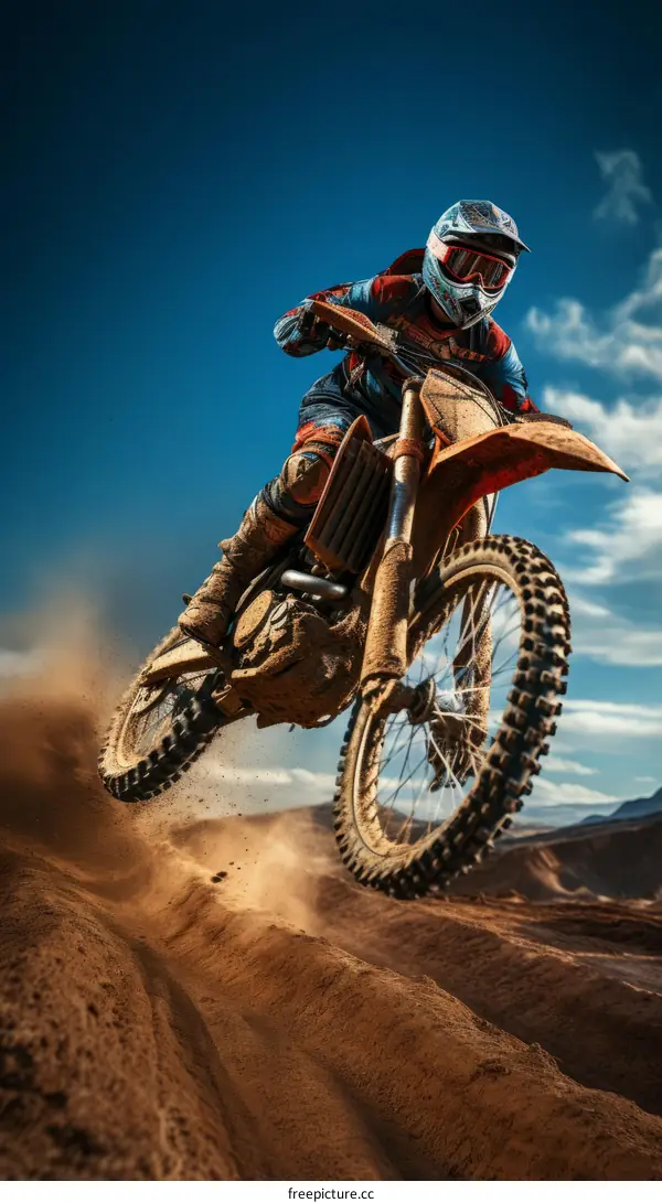 Motocross dirt bike rider jumping over a sand dune