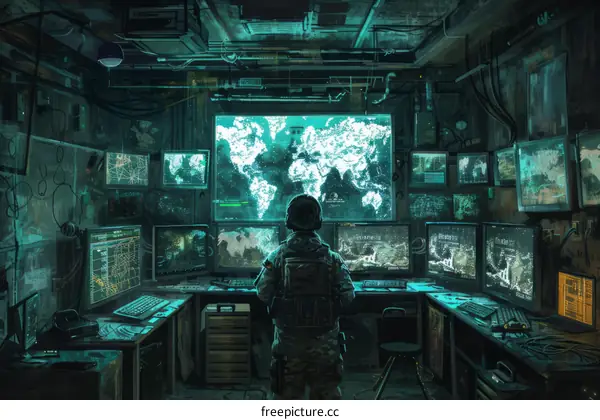 Soldier in front of a large screen with a map of the world