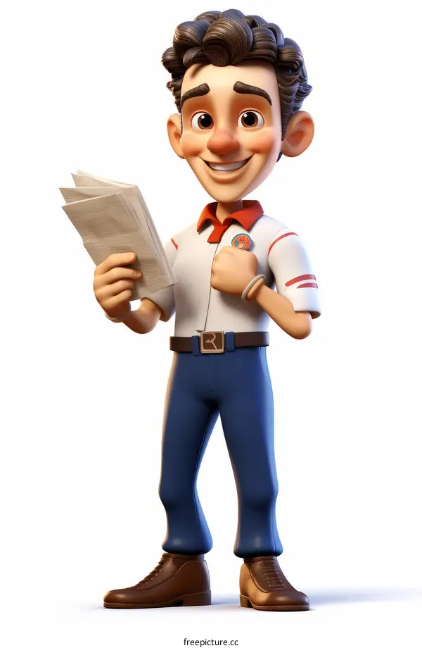 A cartoon character of a young man holding a stack of papers