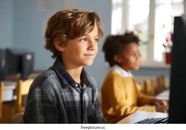 Two Students Concentrating on Computers in Classroom