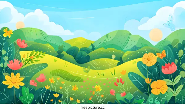 Summer Landscape with Green Hills and Flowers