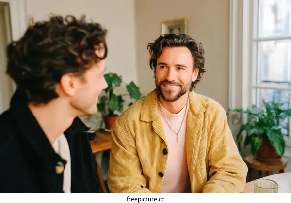 Two Caucasian Men in Conversation Indoor