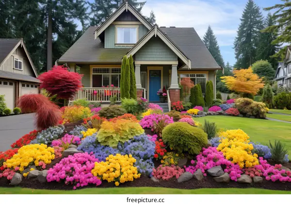 Colorful flowers and plants in front of a house