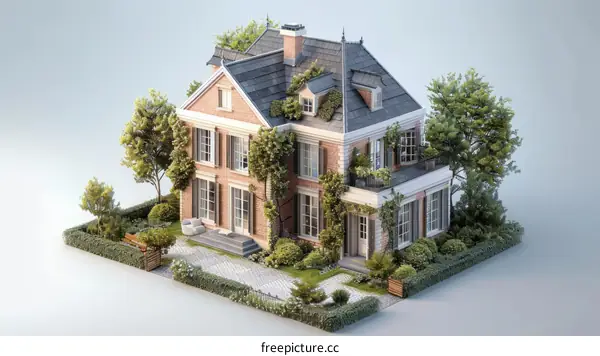 European style two-story house with garden
