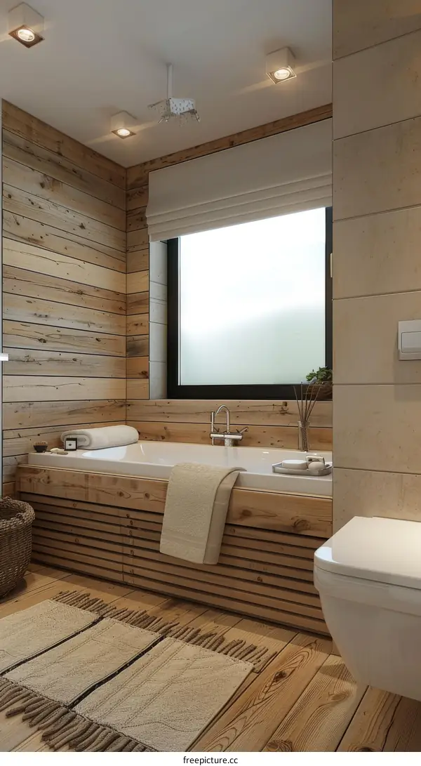 Wooden Bathroom with a Luxurious Tub