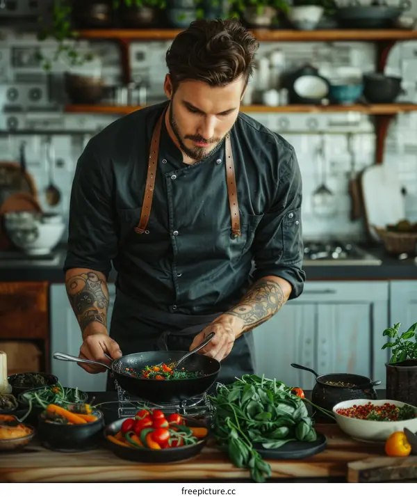 Young male chef in black uniform cooking in kitchen
