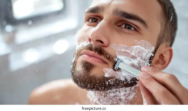 Close Up Man Shaving in Bathroom