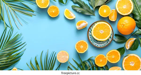Summer Tropical Fruit Background With Palm Leaves And Orange Slices