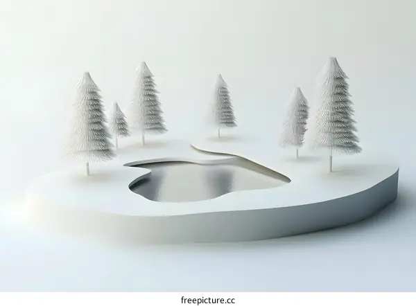 Minimalist White 3D Illustration Of Winter Forest Scene With A Pond