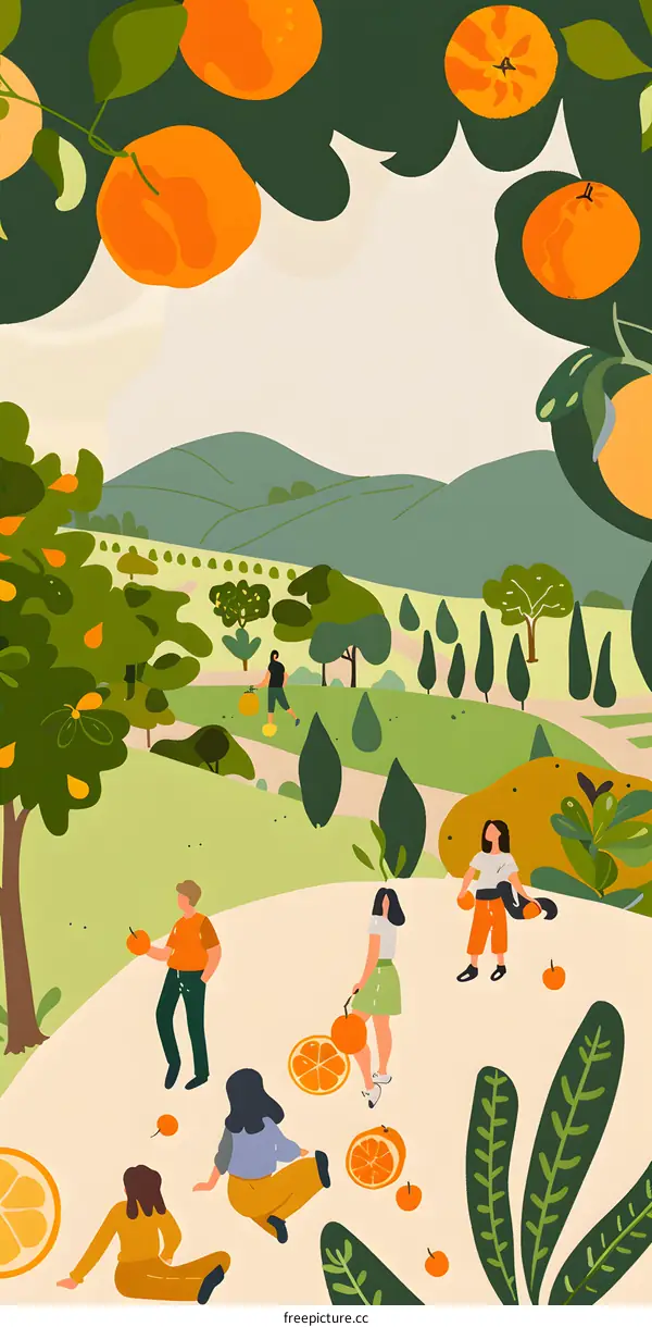 Group of People Picking Oranges in an Orange Orchard