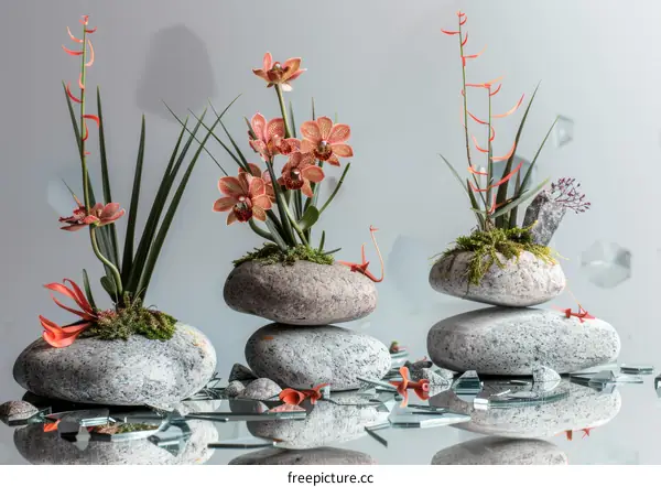 Three orchid plants on rocks with glass shards