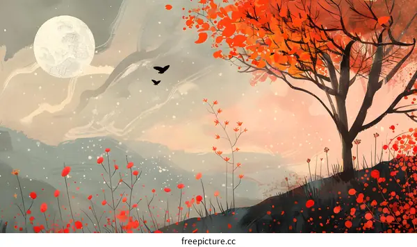 Autumn Landscape with Full Moon and Birds Flying