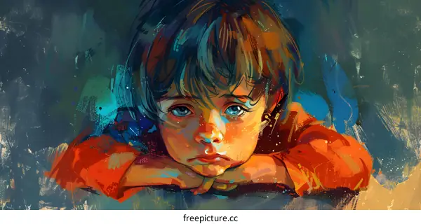 A boy with blue eyes and brown hair looks sadly out of the picture.