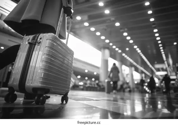 Woman in a long coat pulling a suitcase in an airport