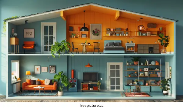 Two-Story House Interior Cutaway Illustration