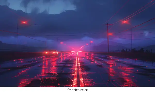 A car drives through a rainy city street at night