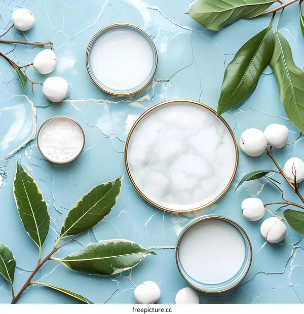 Flat Lay of White Marble Plate with Green Leaves and White Balls