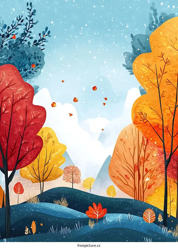 Autumn Landscape with Falling Leaves and Snow