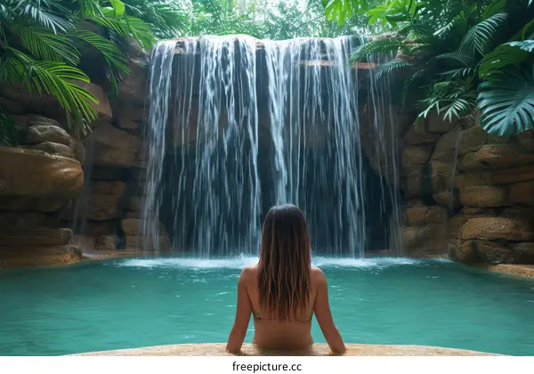 woman relaxing in a tropical waterfall pool