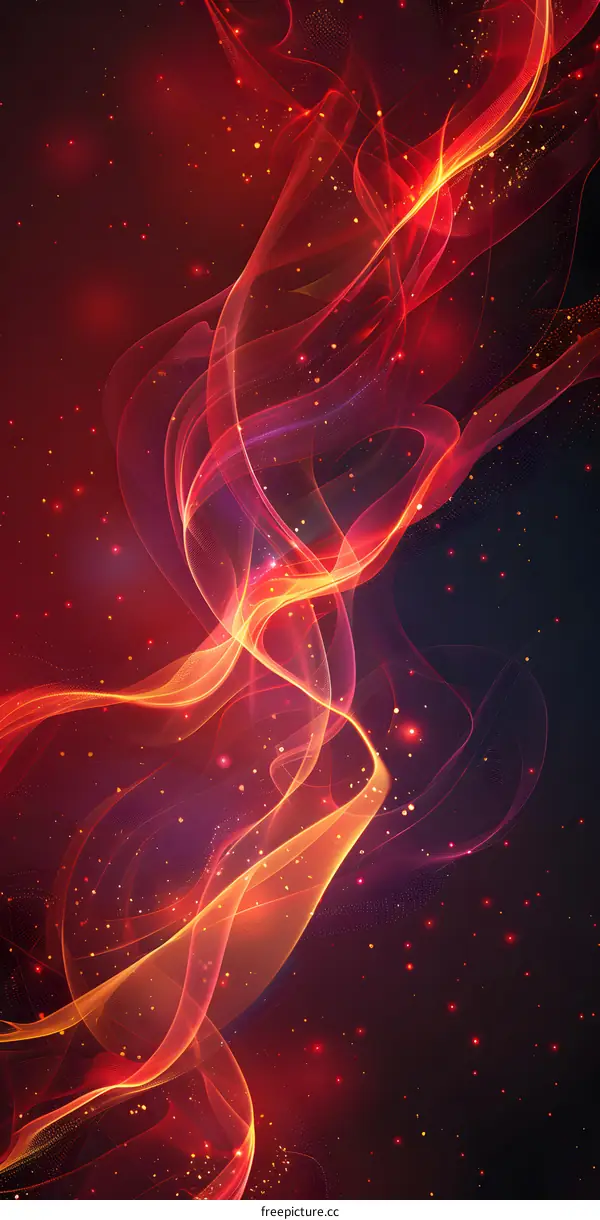 Red silk-like waves flicker with golden dots on a black background