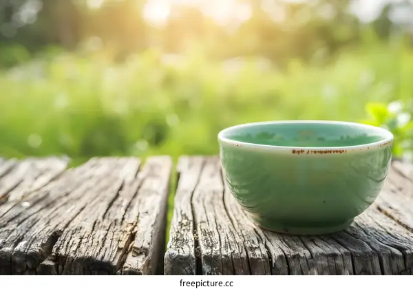 Green Ceramic Bowl on Wooden Table in Nature