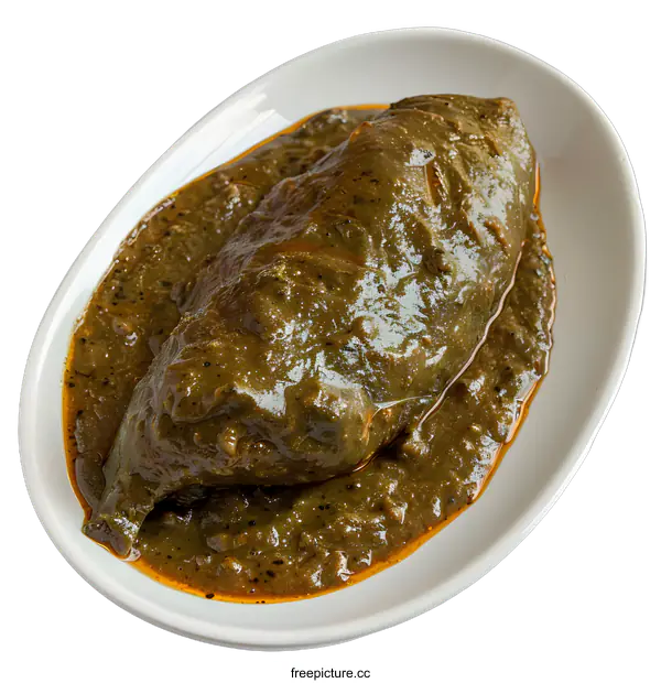 [Transparent Background PNG]A plate of spinach and okra stew with a chicken leg