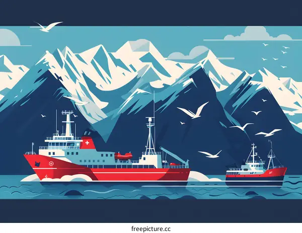 Sailing Ship in the Ocean with Mountains in Background