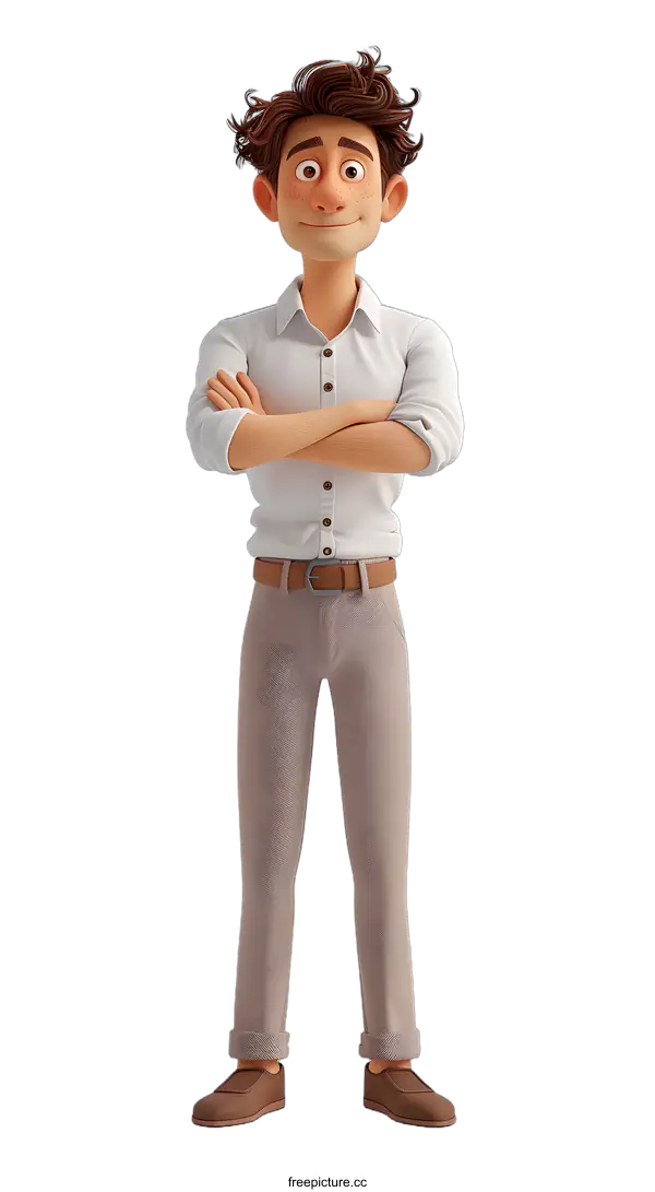 [Transparent Background PNG]A 3D rendering of a man with brown hair and brown eyes wearing a white shirt and brown pants.
