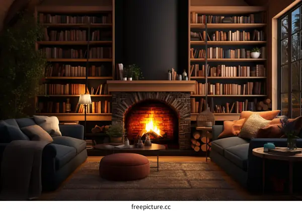 cozy living room with fireplace and bookshelves