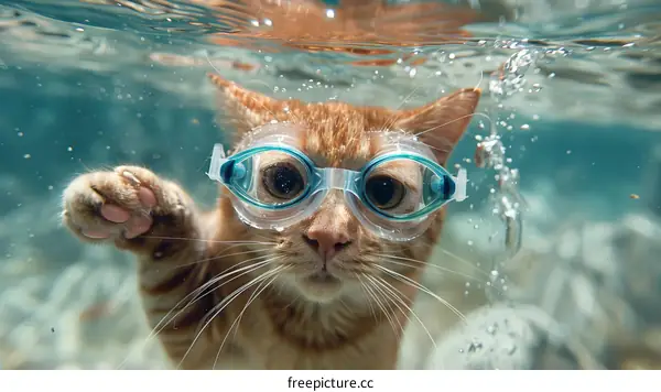 Cat wearing swimming goggles while swimming underwater