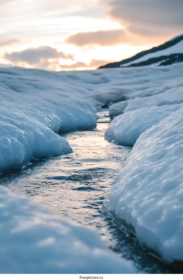 Melting Ice Water Flowing Through Glacier