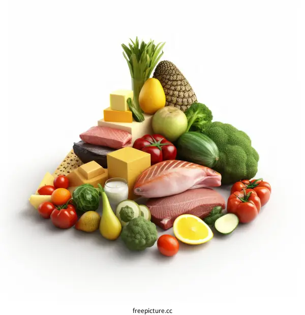 A variety of food items arranged in a pyramid shape