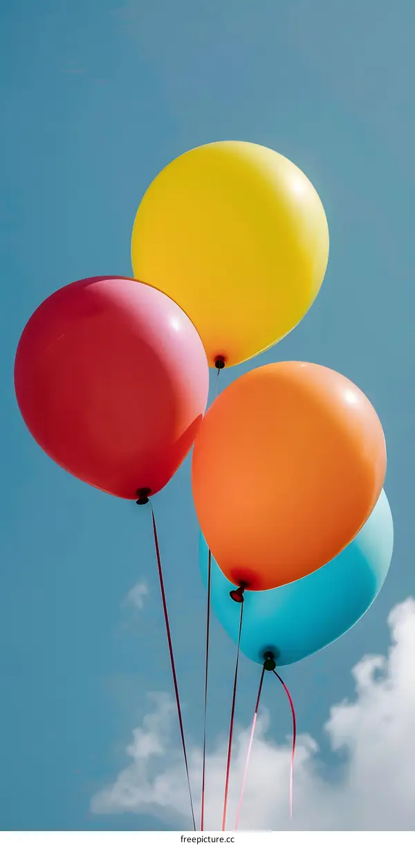 Four Colorful Balloons Against a Blue Sky