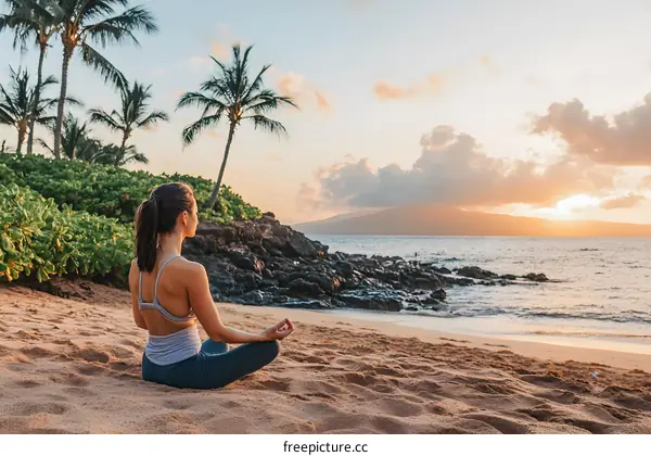 Woman Meditating on the Beach at Sunset